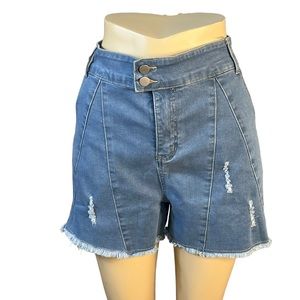 Women’s 2X High Rise Distressed Denim Shorts Double Button Raw Hem Blue NWOT